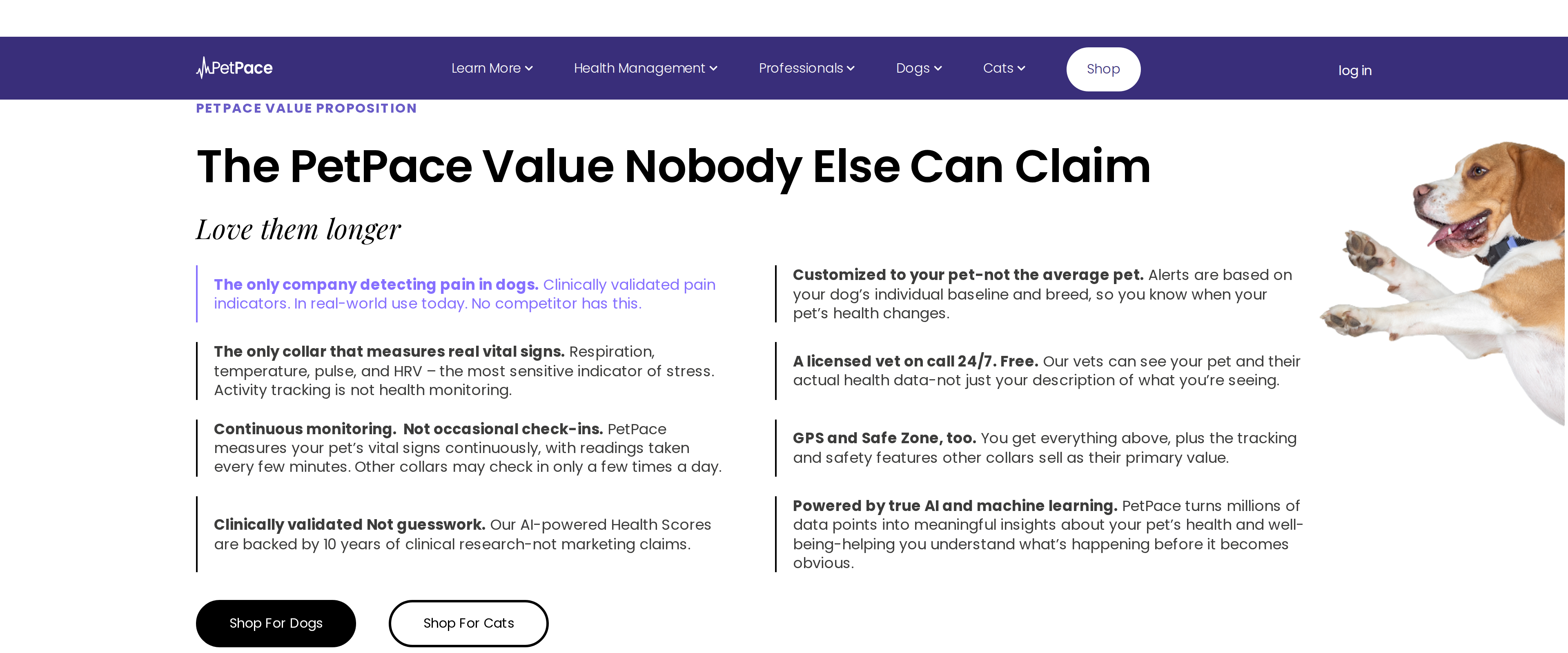 PetPace homepage section headed The PetPace Value Nobody Else Can Claim