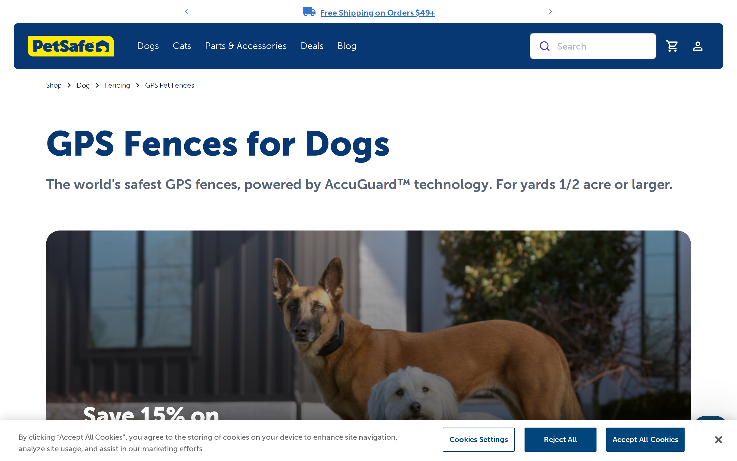 PetSafe category page headed GPS Fences for Dogs, for yards one half acre or larger