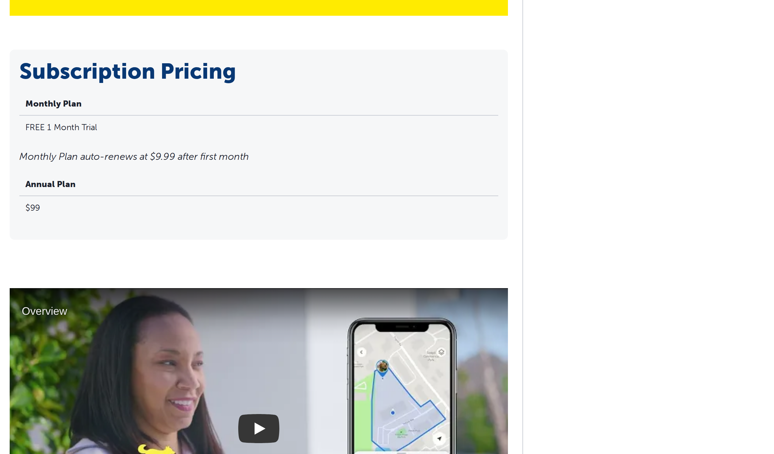 Product page section on a smaller, smarter GPS collar, with a Subscription Pricing heading and a setup heading