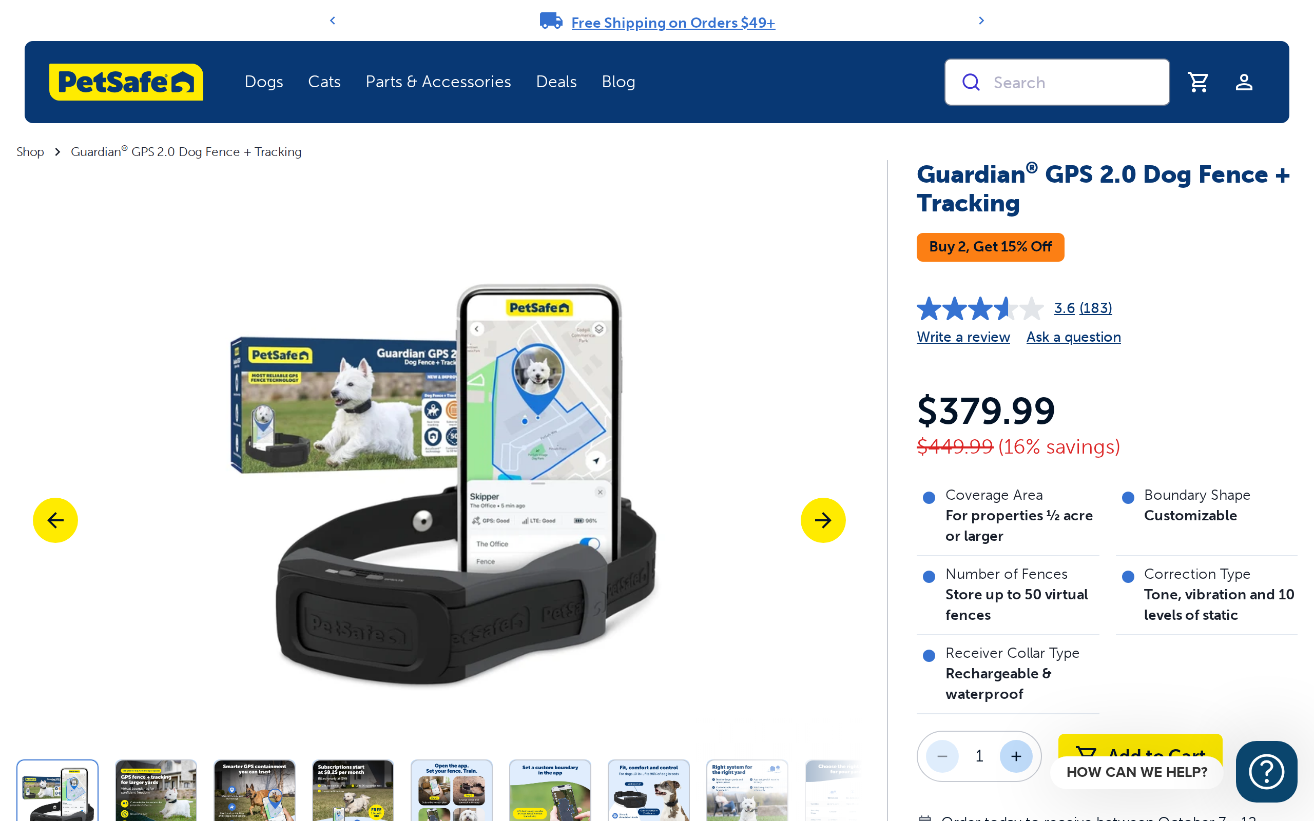 PetSafe Guardian GPS 2.0 Dog Fence + Tracking product page with the collar photo, the $379.99 price and the half acre note