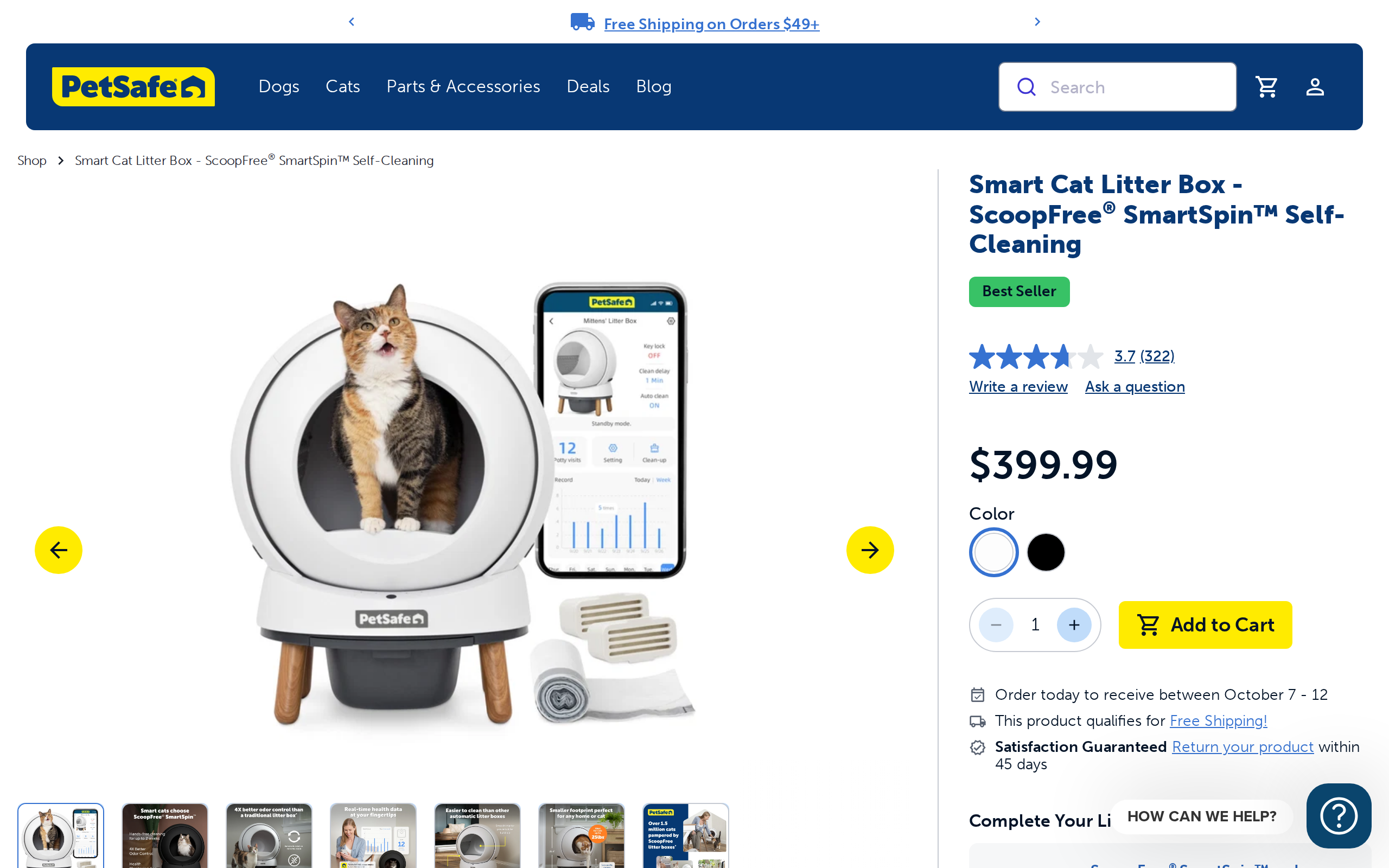 PetSafe store page for the ScoopFree SmartSpin self-cleaning smart cat litter box priced at $399.99