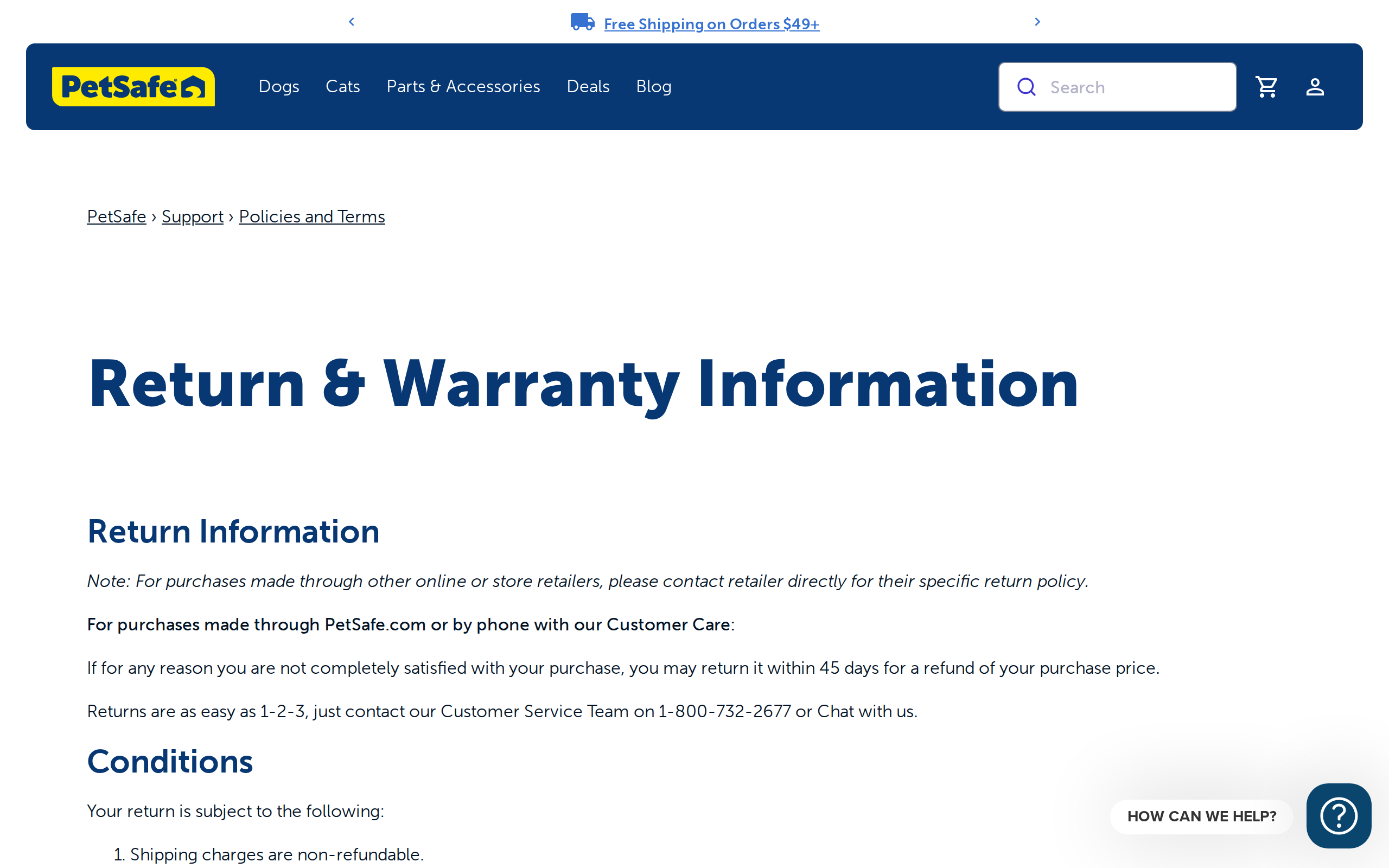 PetSafe return and warranty information page