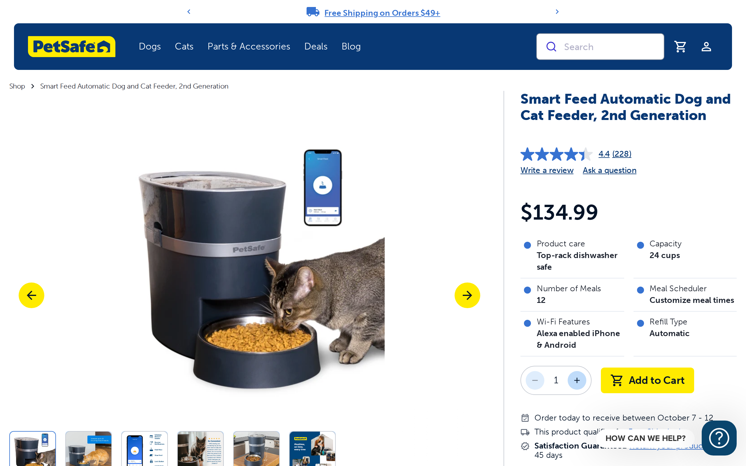 PetSafe product page for the Smart Feed Automatic Dog and Cat Feeder, 2nd Generation, priced at $134.99, marked Alexa enabled for iPhone and Android