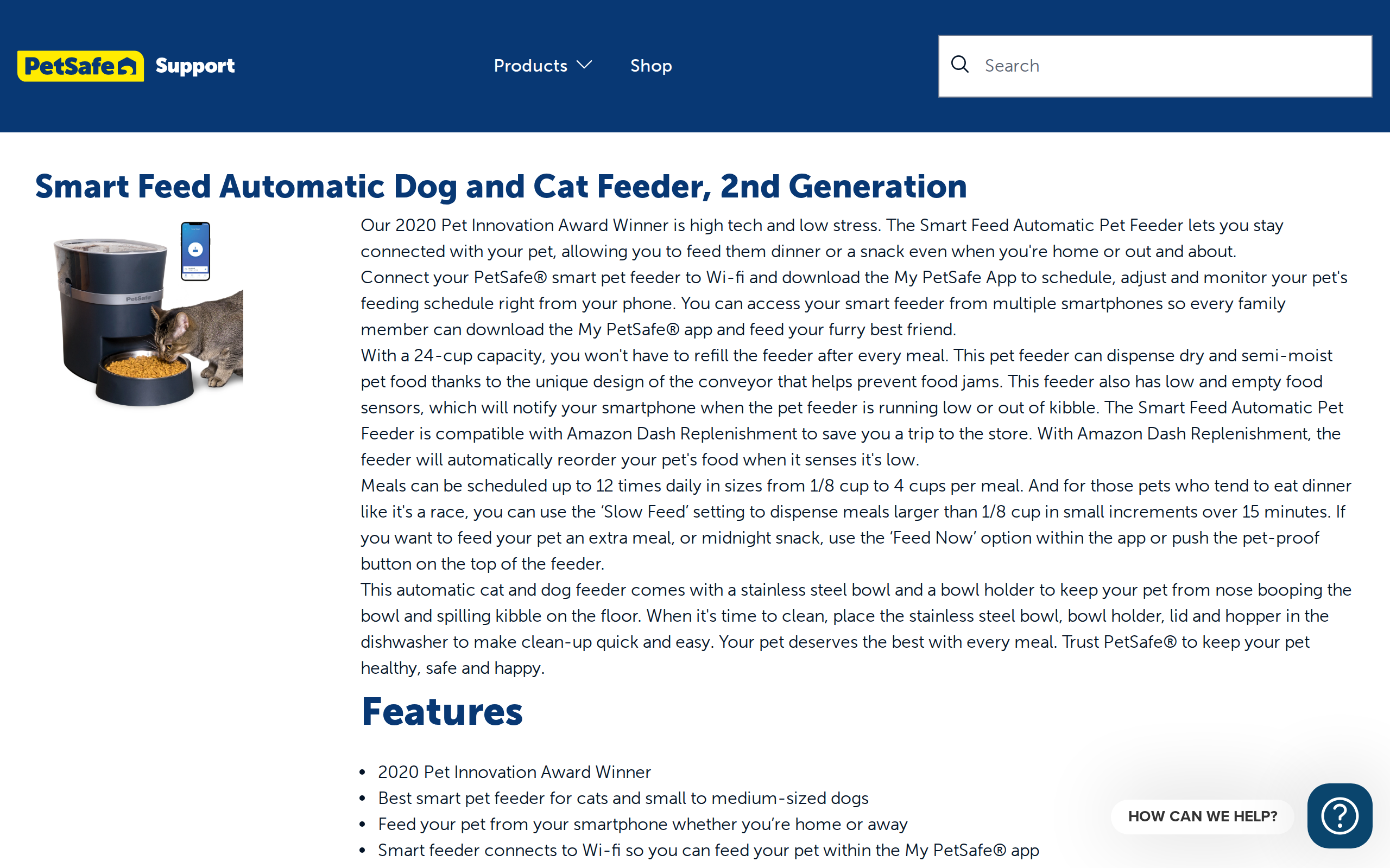 PetSafe support page for the Smart Feed 2nd Generation, with its features list and the My PetSafe app instructions