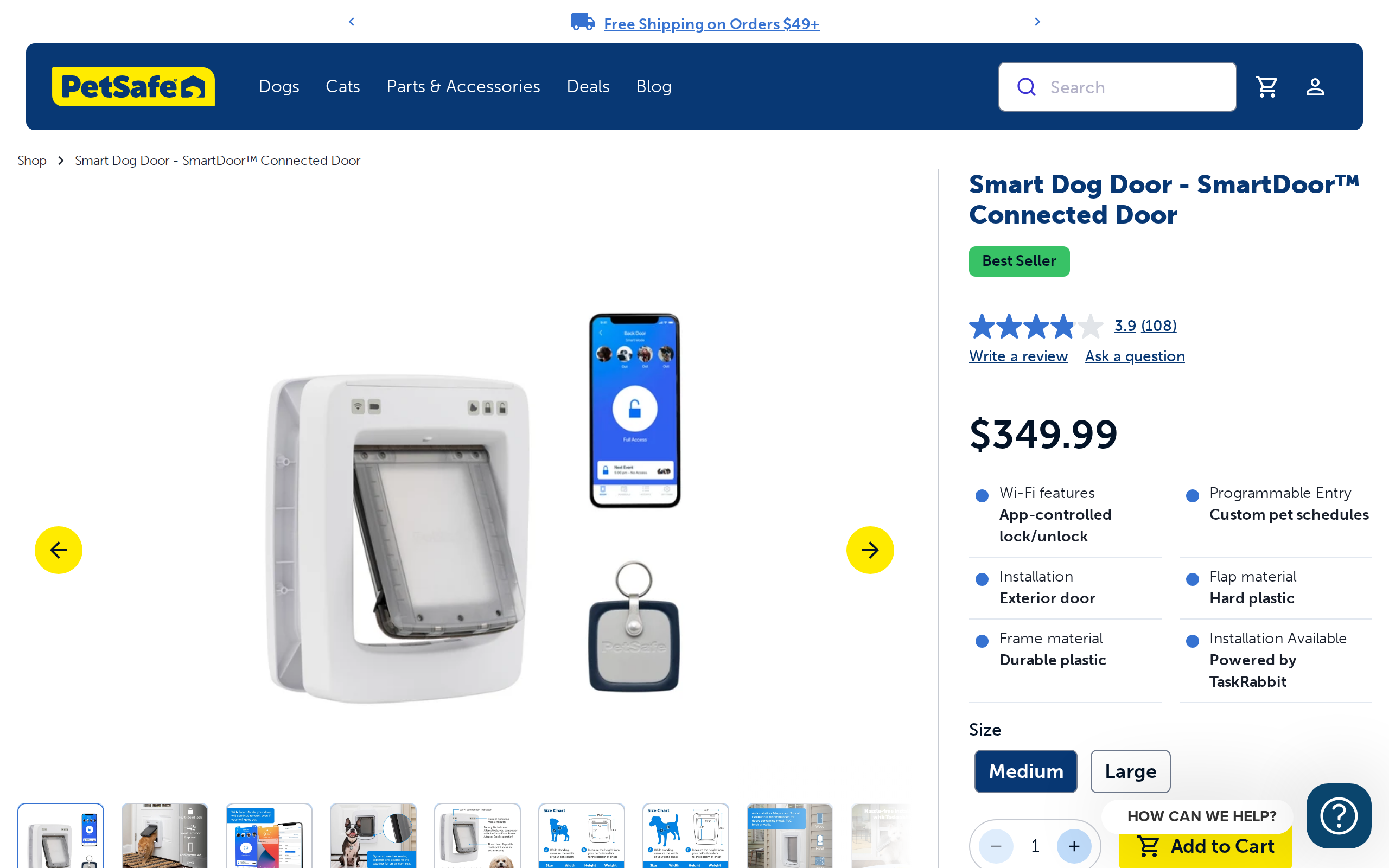 PetSafe product page for the SmartDoor Connected Door, headed Smart Dog Door with app-controlled lock and unlock, at $349.99