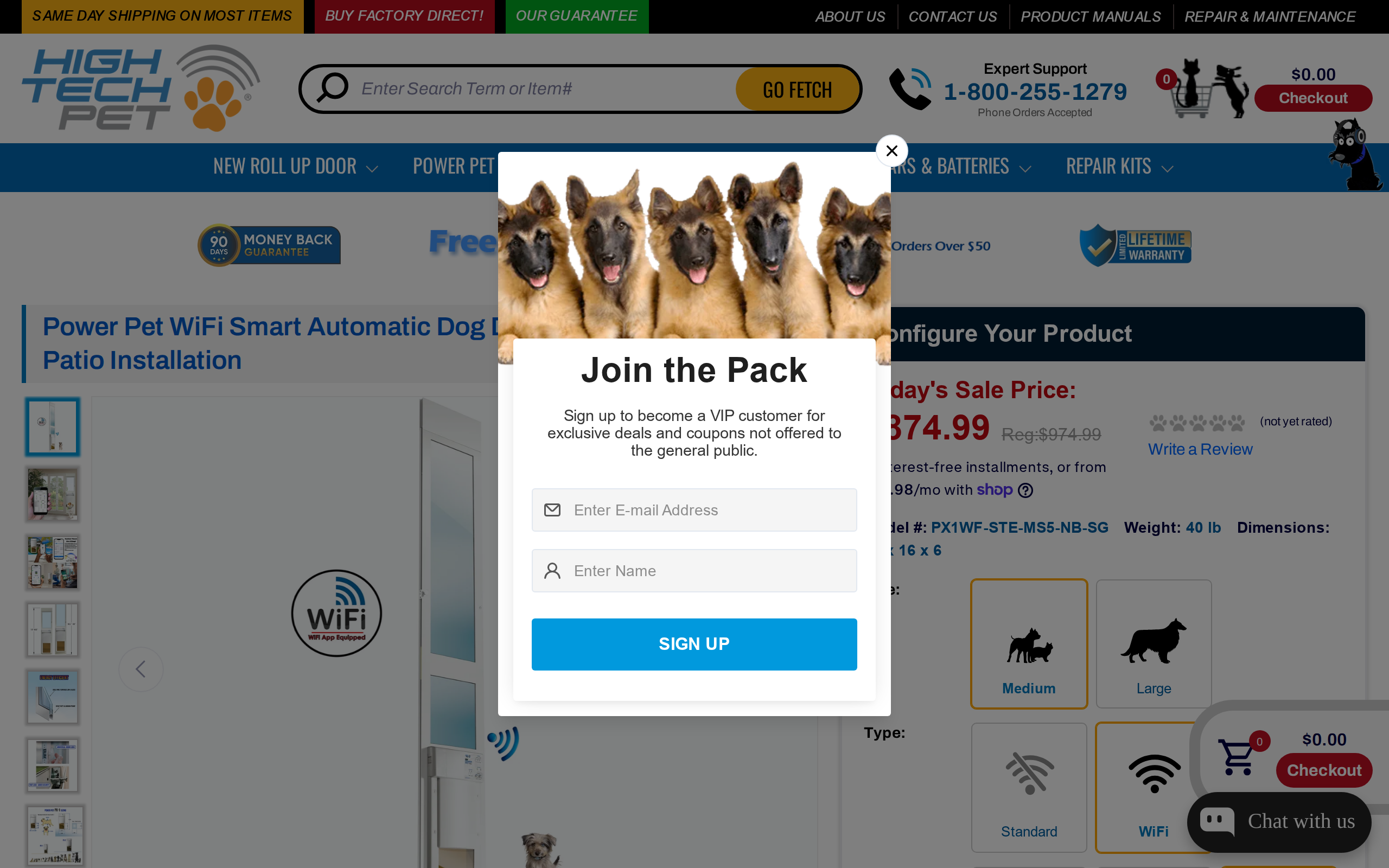Power Pet WiFi Smart Automatic Dog Door, Medium Tall Height Patio Installation product page listed at $874.99