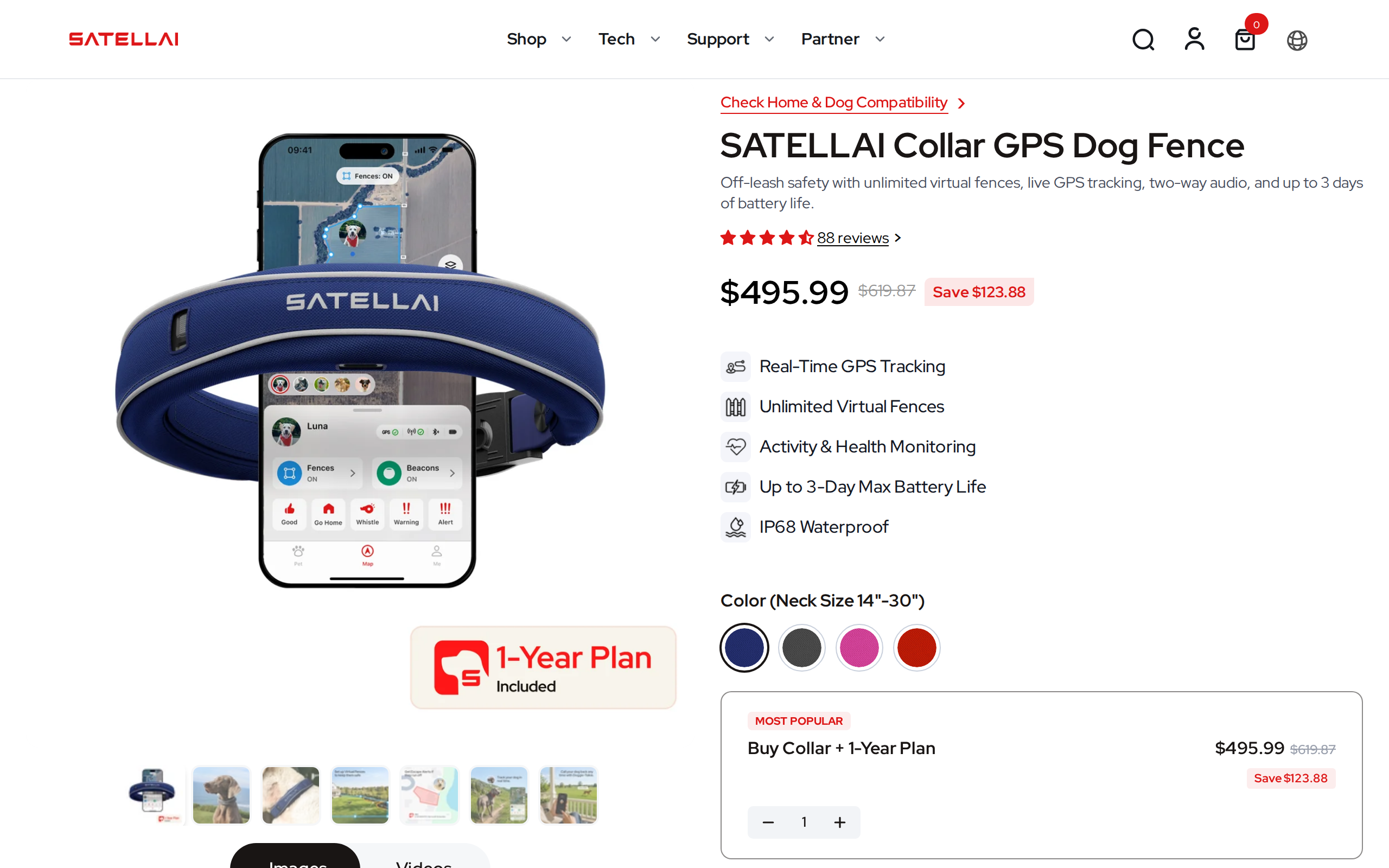 SATELLAI Collar GPS Dog Fence product page showing the collar photos, a colour picker and the Collar plus plan prices