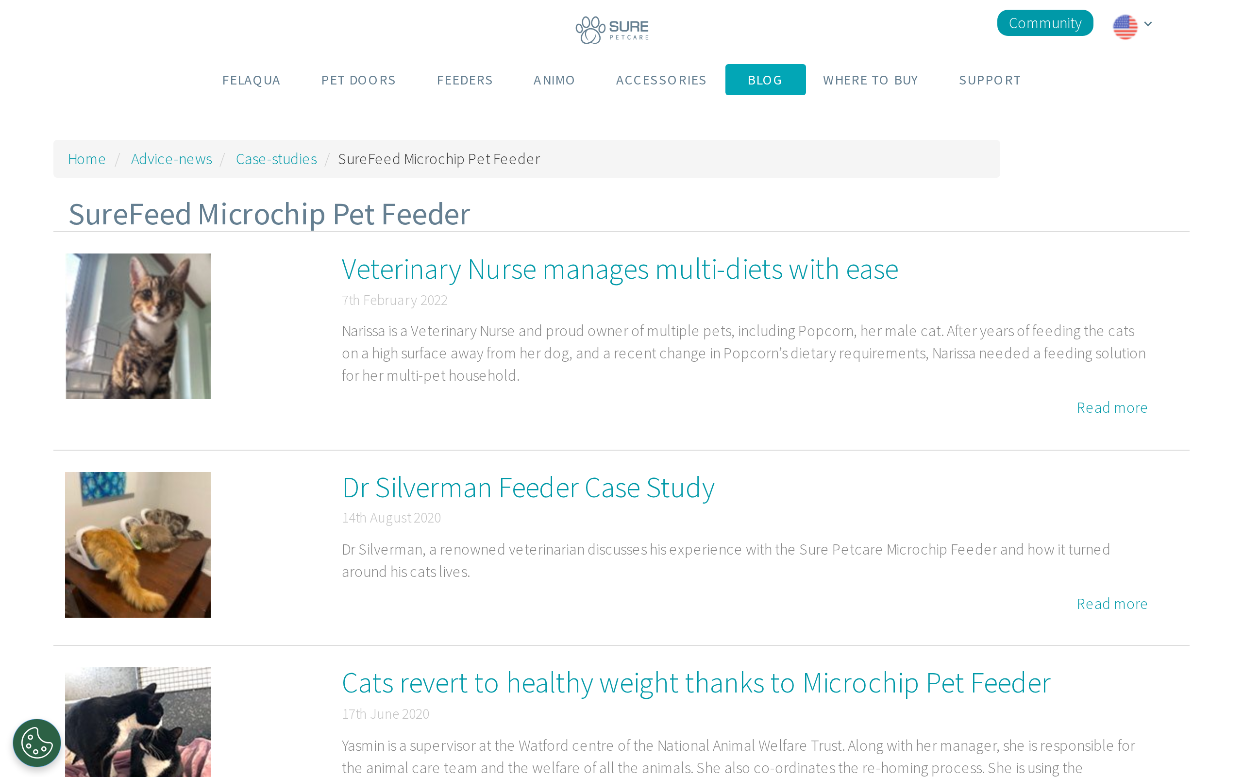Sure Petcare site page headed SureFeed Microchip Pet Feeder, listing case studies including a veterinary nurse managing multiple diets