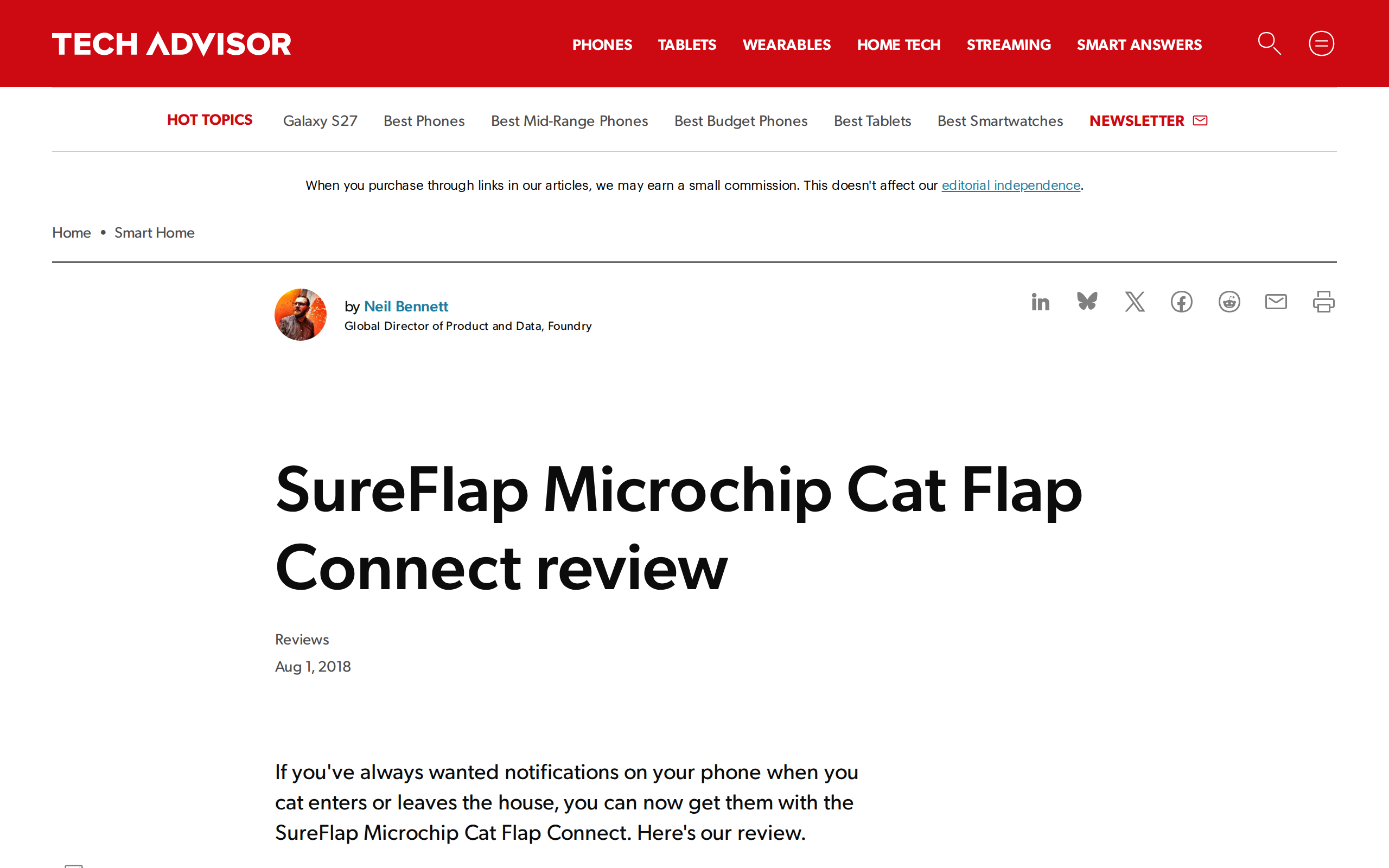 Tech Advisor's review page for the SureFlap Microchip Cat Flap Connect