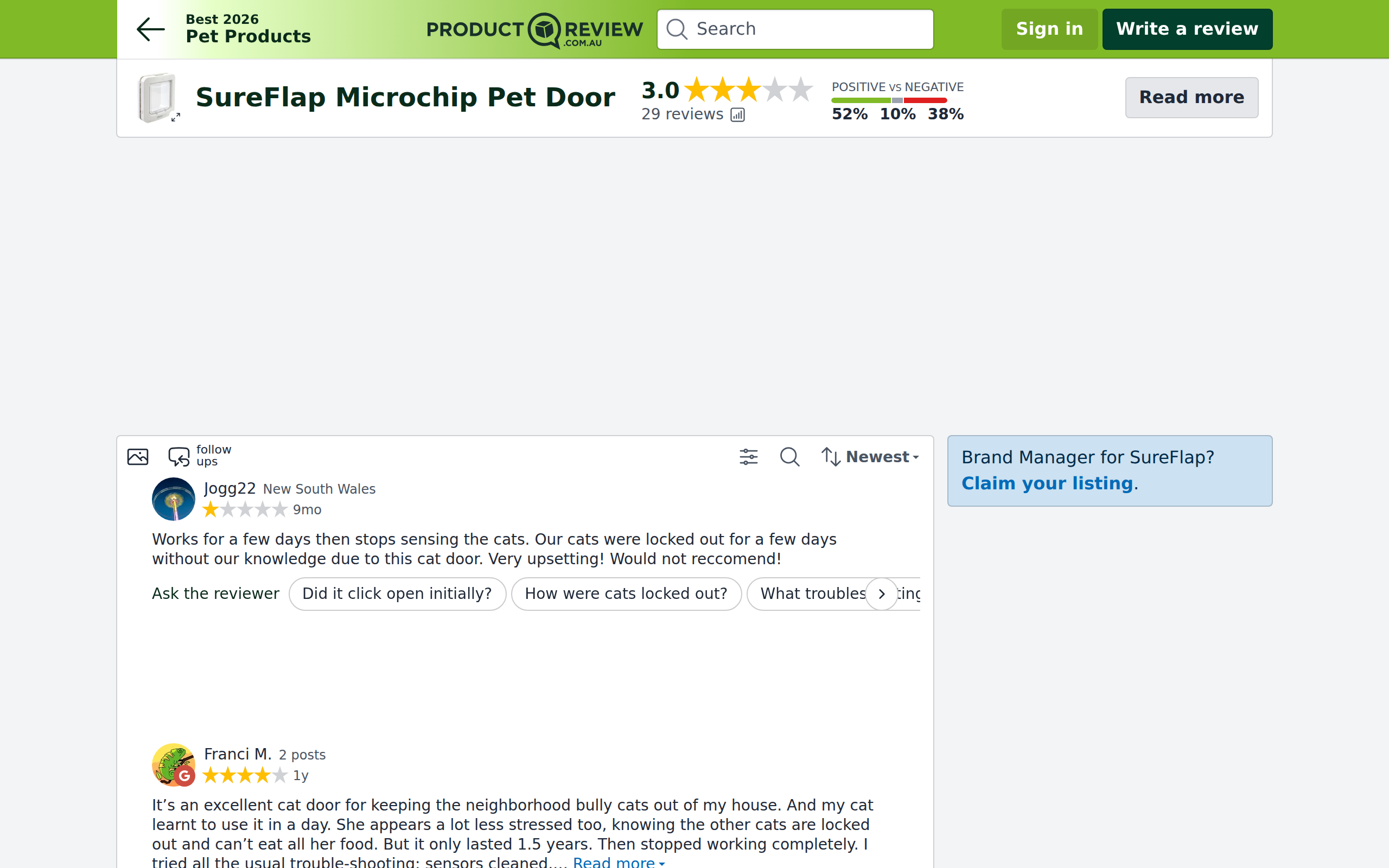 ProductReview.com.au page of owner reviews for the SureFlap Microchip Pet Door