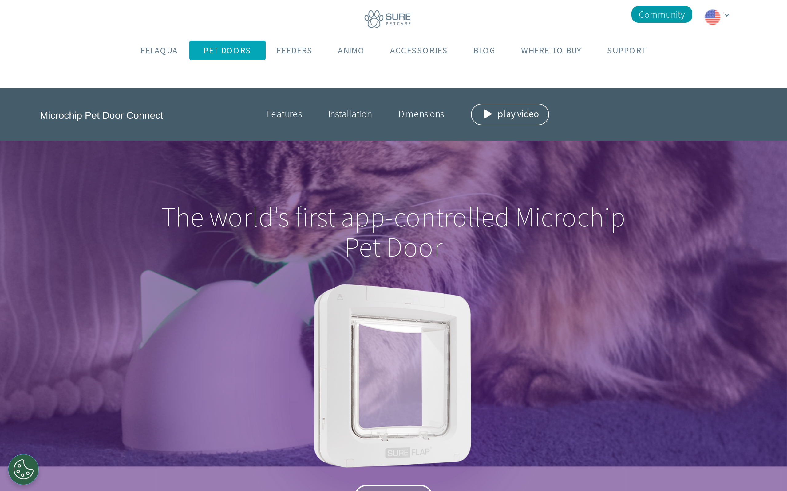Sure Petcare product page for the Microchip Pet Door Connect, headed The world's first app-controlled Microchip Pet Door, with the white door in front of a cat