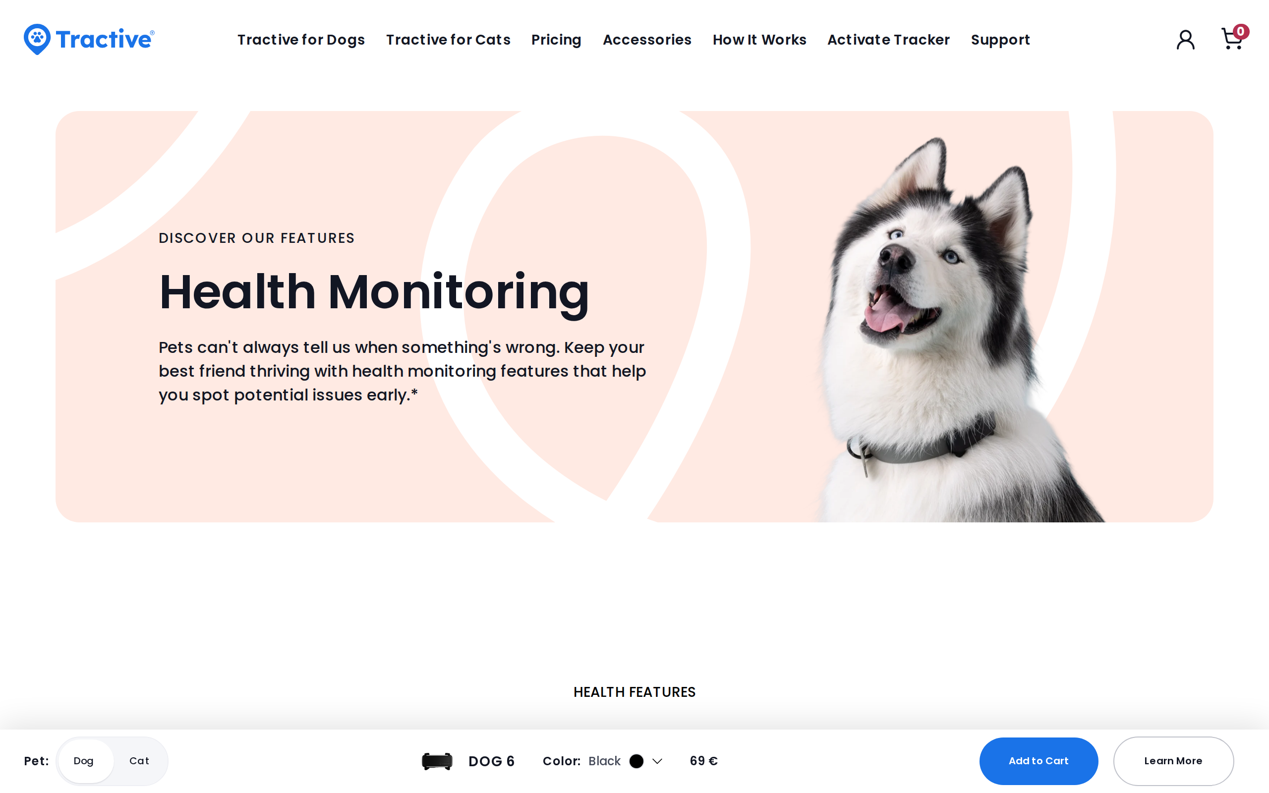 Tractive Health Monitoring page headed "Protect every whisker and tail-wag"