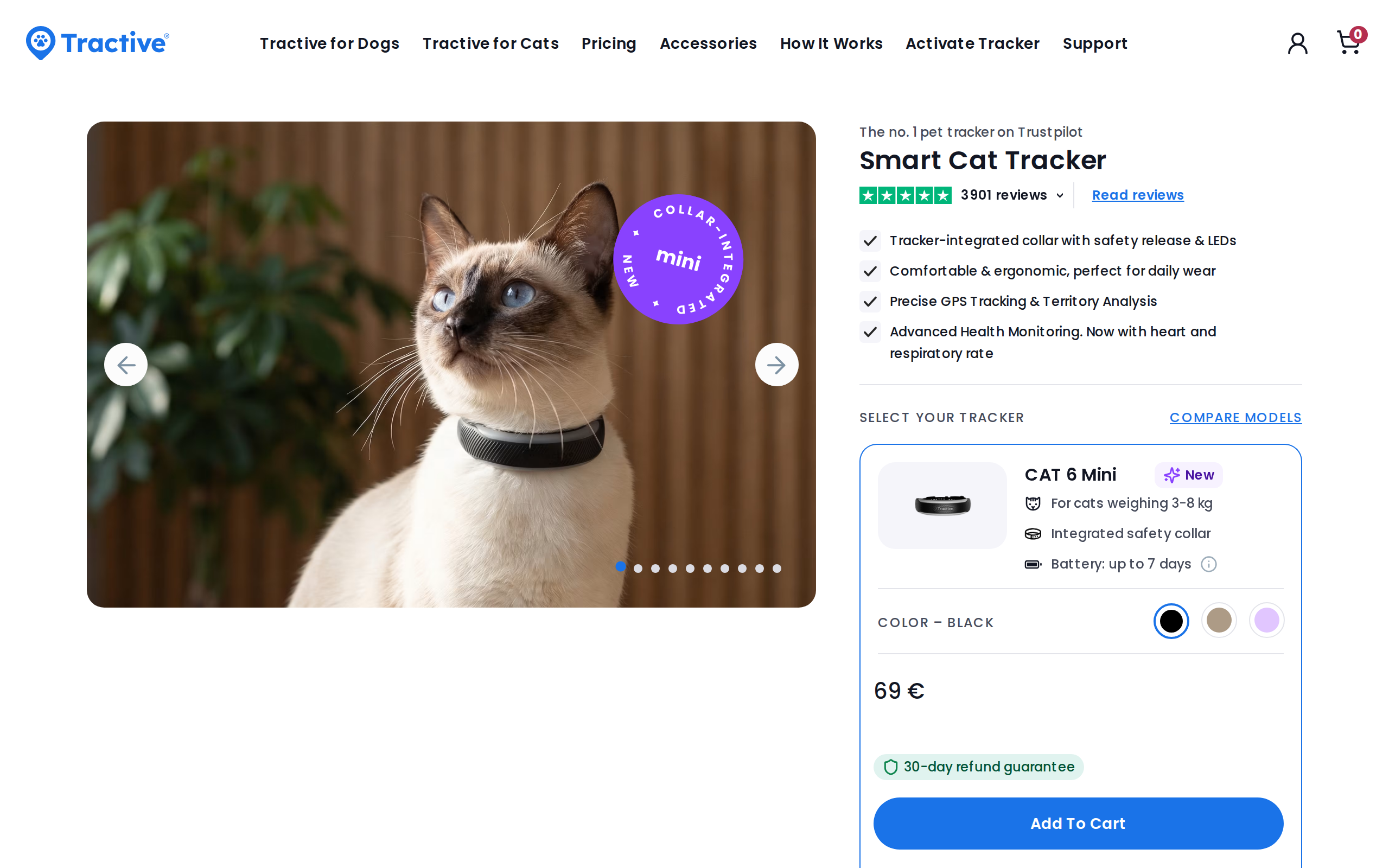 Tractive product page for the CAT 6 Mini, a tracker-integrated collar with safety release and LEDs, shown on a Siamese cat