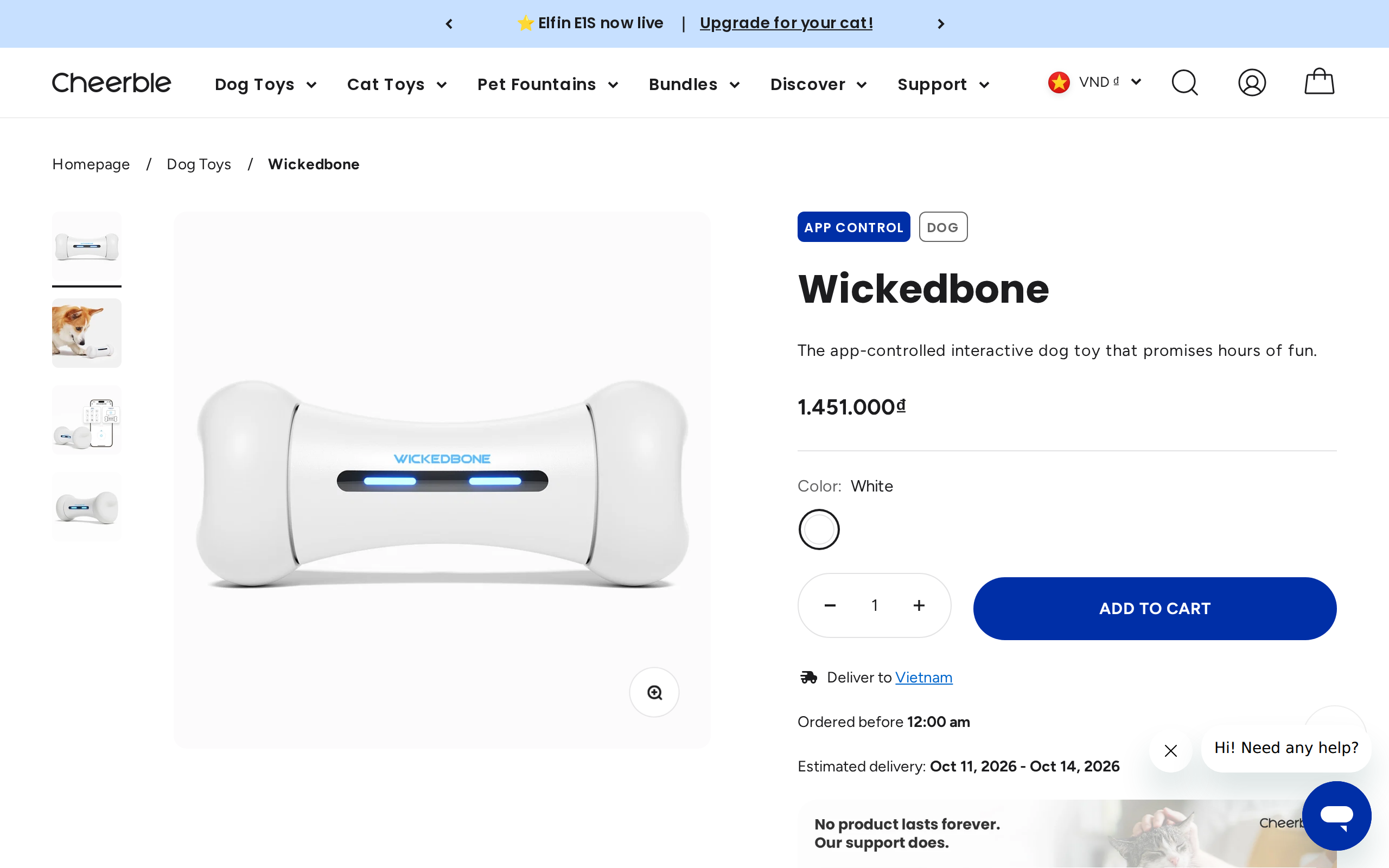 Cheerble's Wickedbone product page showing the white smart dog toy with its title and photos
