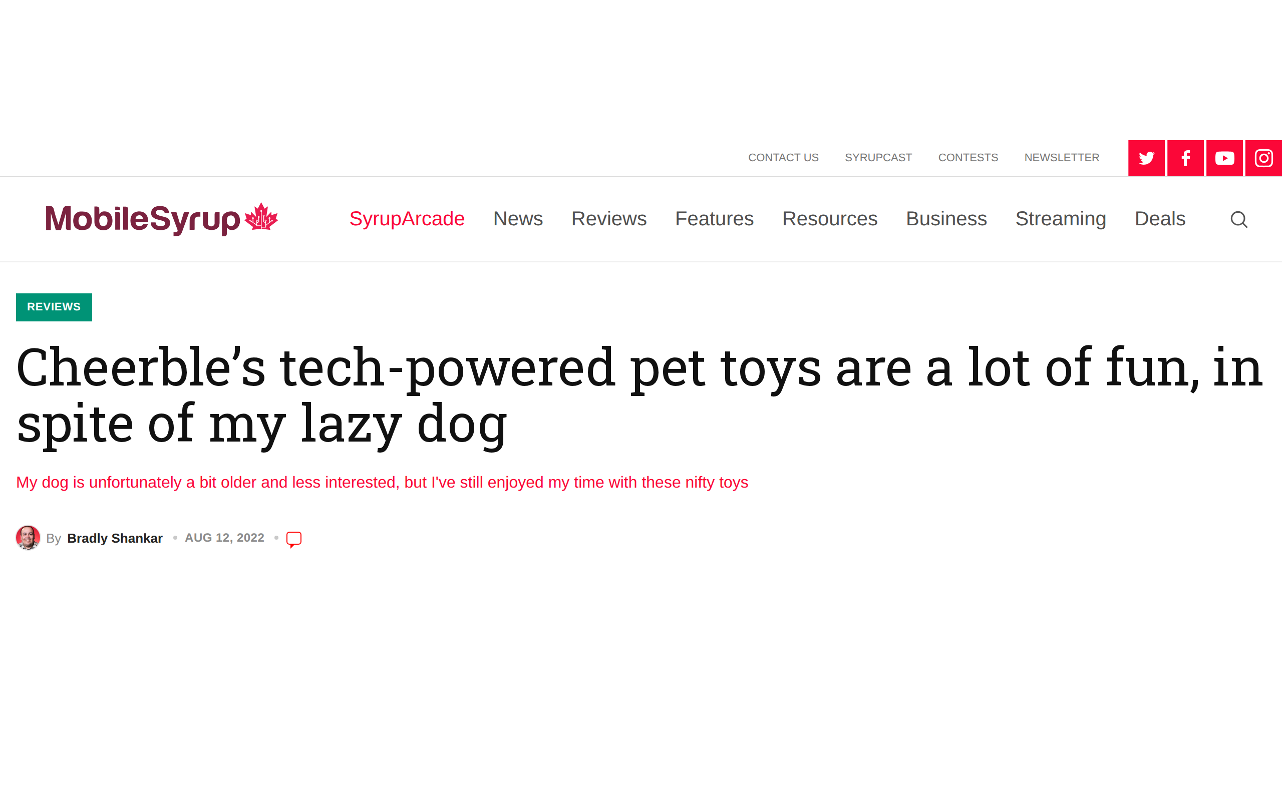 MobileSyrup's review of Cheerble toys, headline noting the reviewer's lazy dog